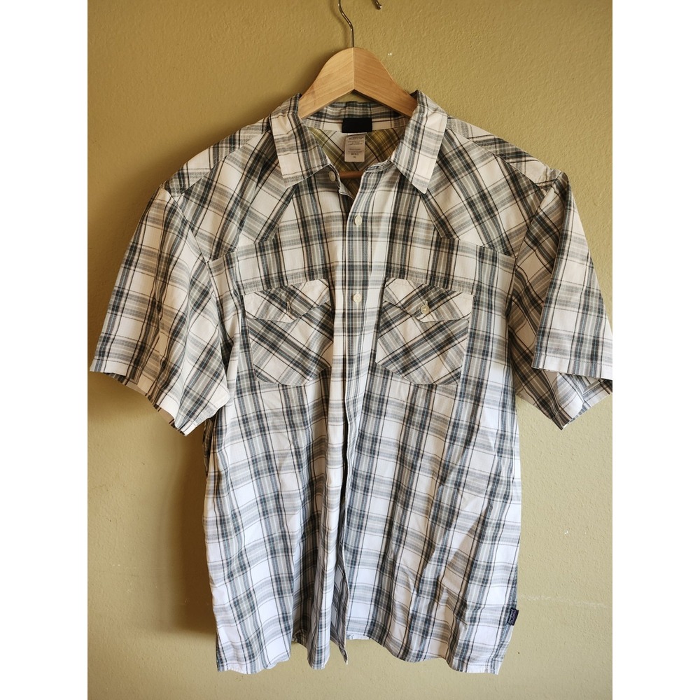 Patagonia L Blue White Plaid Organic Cotton Button Up Down Mens